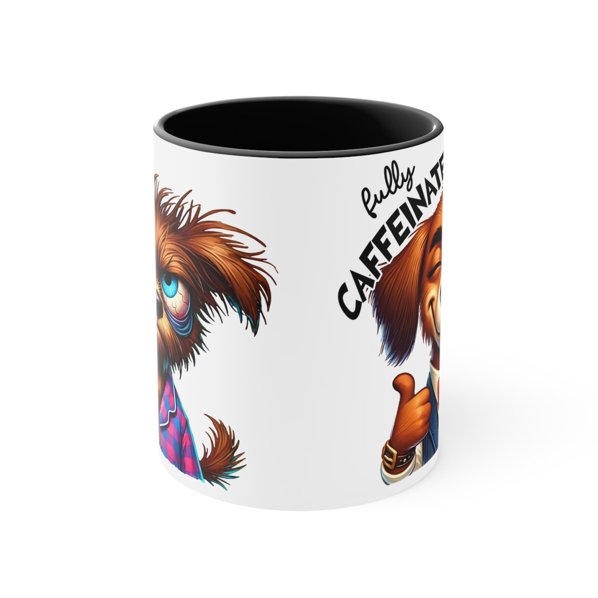 White ceramic coffee mug with black interior featuring a funny cartoon dog showing "Before Coffee" and "Fully Caffeinated" expressions – perfect for dog lovers and caffeine fans.