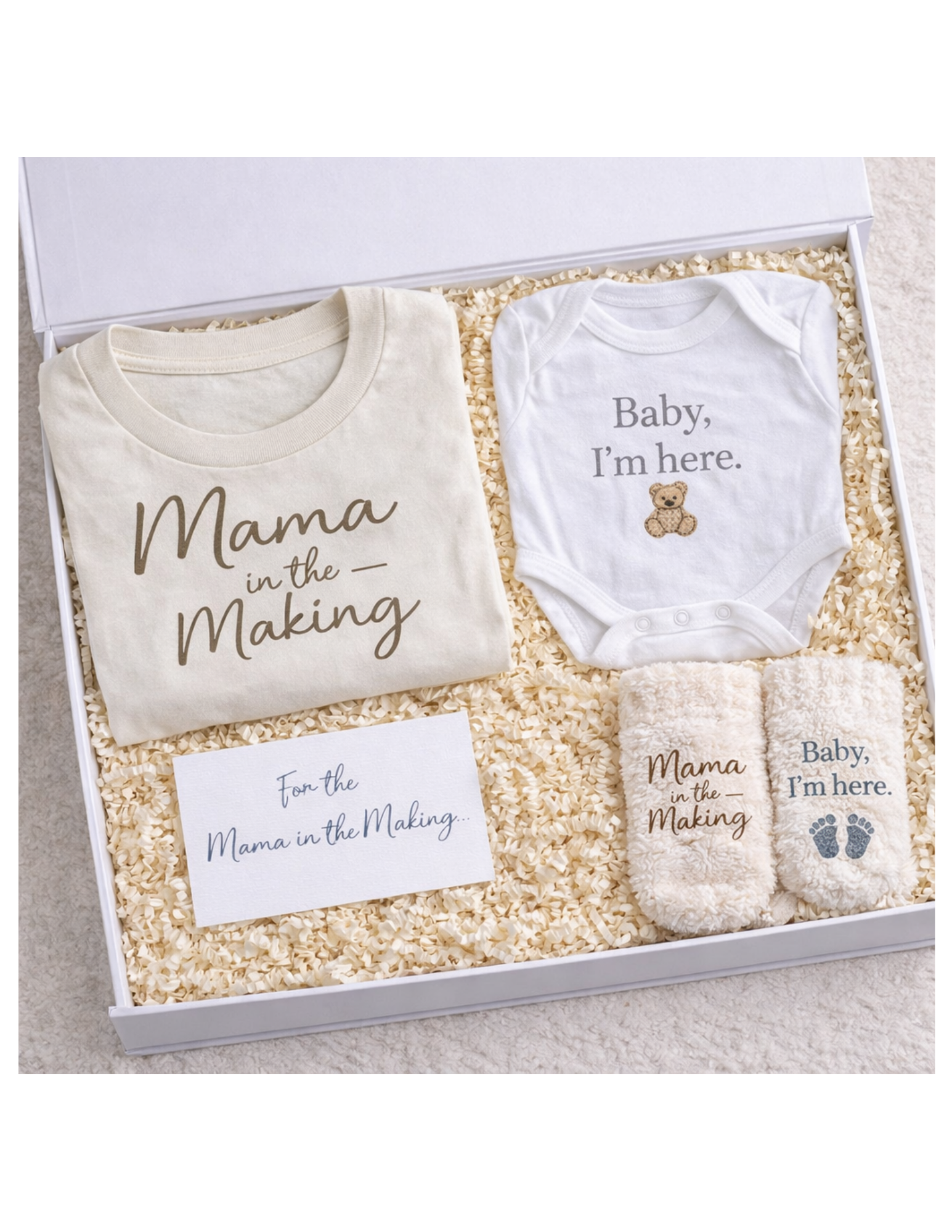 Gift set for a new mother with 'Mama in the Making' shirt, onesie, and booties.
