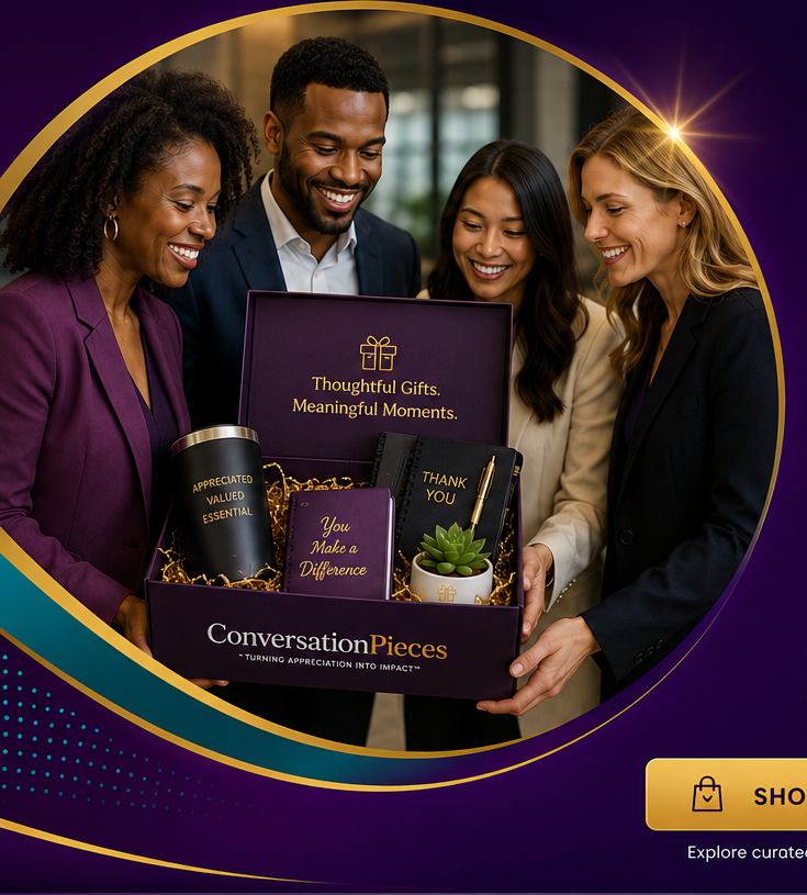 Employees celebrating recognition and appreciation with a Conversation Pieces gift box